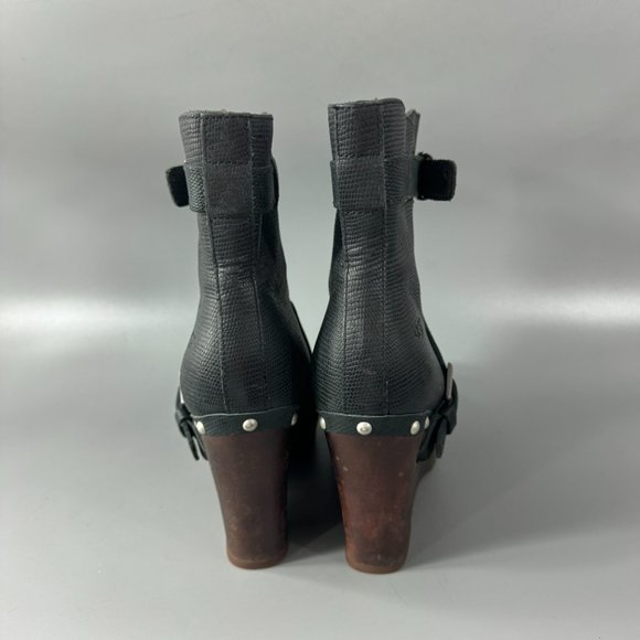 UGG Black Leather "Taryn" Wooden Wedge Mid Calf Boots, Size 7 - Picture 7 of 13